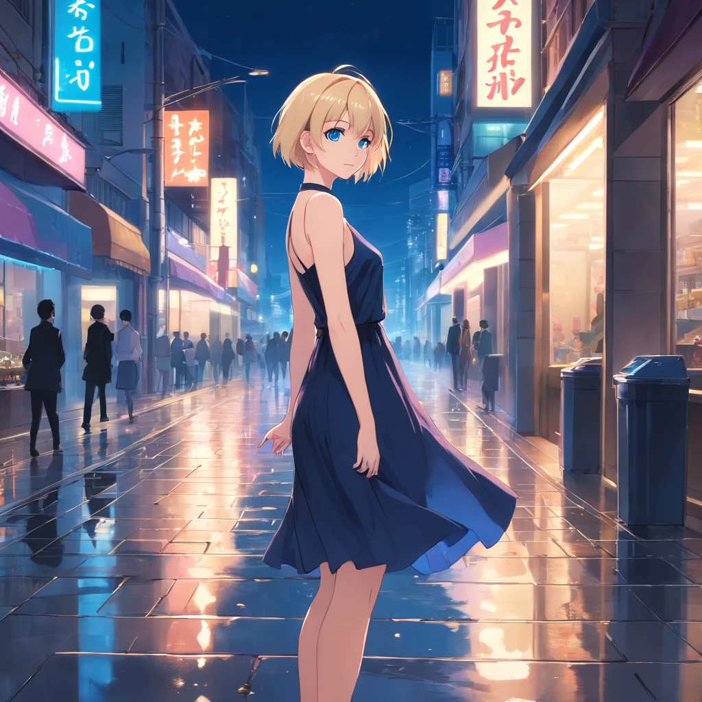17 years old Women, ((Blonde)), ((Blue eyes)), ((Short hair)), ((Full shot)), very detailed makeup, pale pink lipstick, long earrings, wearing a little black dress, with High Heeels, at night in a Boulevard ((wet floor)) ((full body))