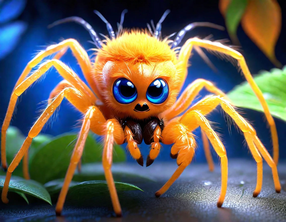 Striking full body image Captivating cute and adorable 3D render pixar toy art style Orange Fuzzy Baby Spider with graceful light hair, with 8 Blue Eyes on Leaf, Hyper-Realistic Portrait, eight legs, correct anatomy, Realistic spider in nature, Nature's artistry at its finest - a stunning sculptured spider, ligh brown and cream jumping spider, realistic 4k ultra detailed, Cinematic, deep focus, vibrant colors,high saturation,high contrast,very high resolution,HDR,8k