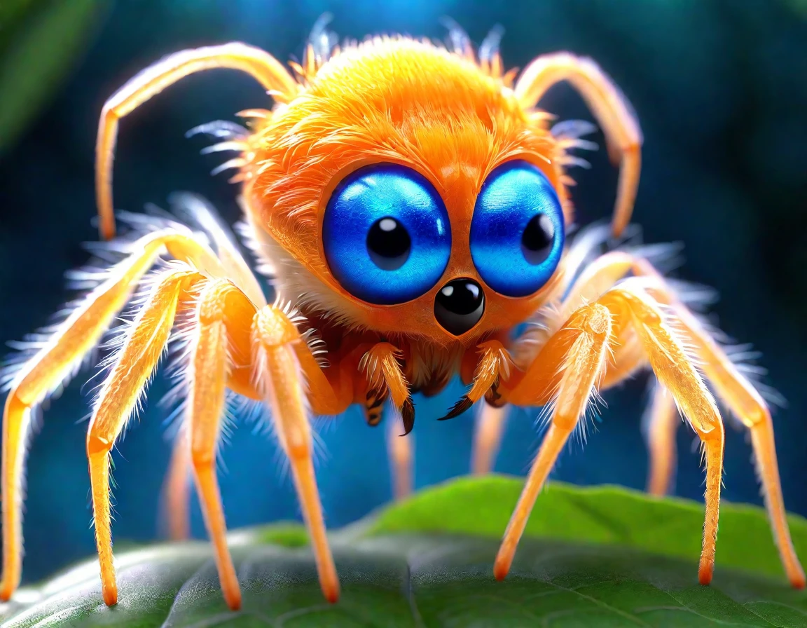 Striking full body image Captivating cute and adorable 3D render pixar toy art style Orange Fuzzy Baby Spider with graceful light hair, with 8 Blue Eyes on Leaf, Hyper-Realistic Portrait, eight legs, correct anatomy, Realistic spider in nature, Nature's artistry at its finest - a stunning sculptured spider, ligh brown and cream jumping spider, realistic 4k ultra detailed, Cinematic, deep focus, vibrant colors,high saturation,high contrast,very high resolution,HDR,8k