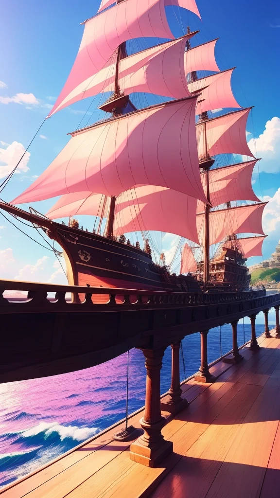 The atmospha on a roof  of pirate ship, with pink wood and a pleasant atmosphere, similar to the One Piece ship, and the sun is shining The color is pink everywhere, and there are happy staff and some black cats walking around. The sea is also calm, which makes the view beautiful. 