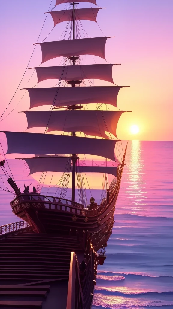 The atmospha on a roof of pirate ship, with pink wood and a pleasant atmosphere, similar to the One Piece ship, and the sun is shining The color is pink everywhere, and there are happy staff and some black cats walking around. The sea is also calm, which makes the view beautiful.