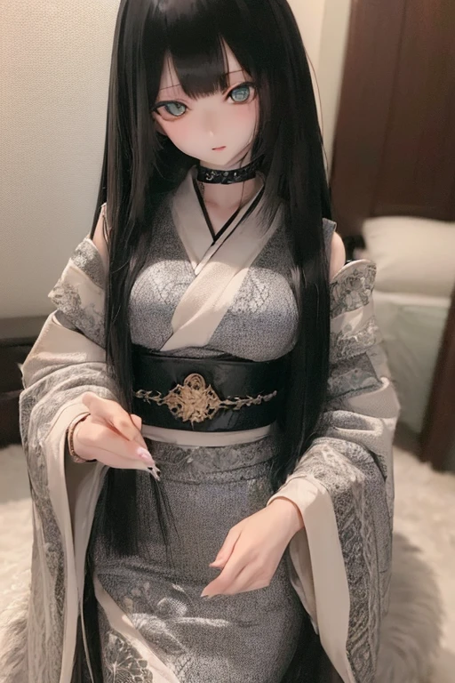 (SFW:2), photorealistic, realistic photo, ((highest quality)), ((masterpiece)), ((extremely detailed)), kukolnydom, doll, (mature woman, 24yo, 24 years old:1.6), solo, ((cowboy shot, seiza, skinny, slender, slim, kimono, obi, hair ornament)), green eyes, parted lips, (black hair, long hair, looking at another, blank eyes, empty eyes, detailed eyes, detailed clothes:1.3), Japanese room, 8k