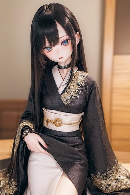 (SFW:2), photorealistic, realistic photo, ((highest quality)), ((masterpiece)), ((extremely detailed)), kukolnydom, doll, (mature woman, 24yo, 24 years old:1.6), solo, ((cowboy shot, seiza, skinny, slender, slim, kimono, obi, hair ornament)), green eyes, parted lips, (black hair, long hair, looking at another, blank eyes, empty eyes, detailed eyes, detailed clothes:1.3), Japanese room, 8k