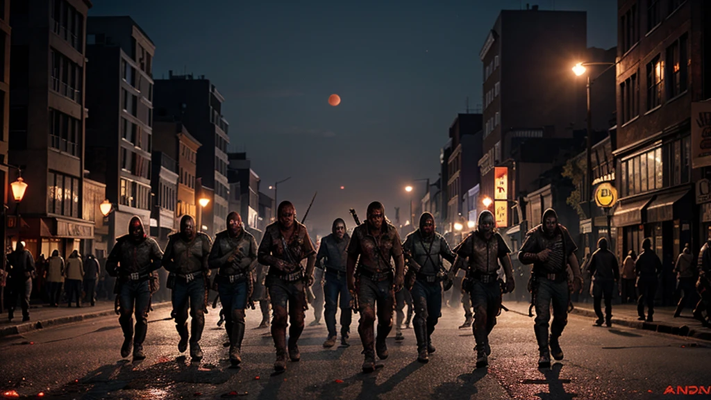 horde of zombies, walking on the street, Red moon in the sky, widescreen image, 4K, realisitic