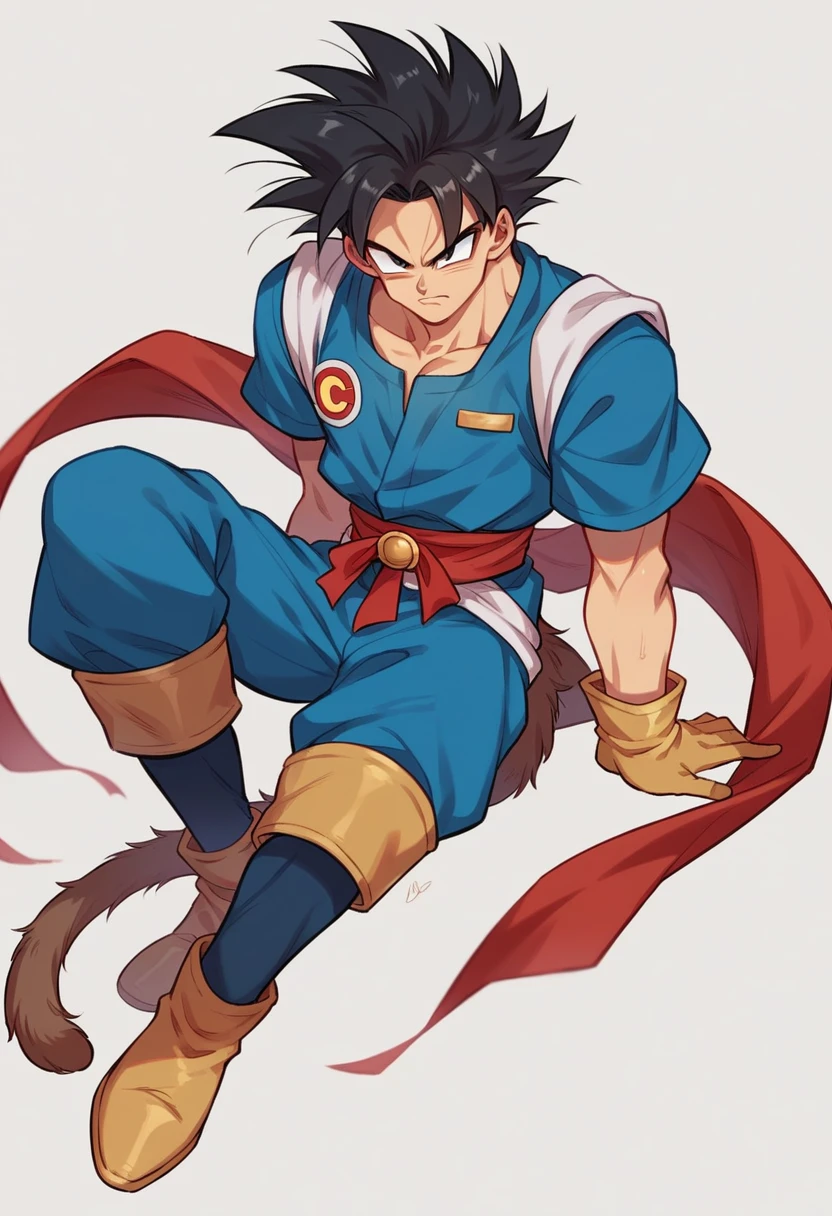 he has spiky black hair, wears a blue uniform with a red sash at the waist. Your boots and gloves are blue (tenebrosa). has a brown tail, similar to a monkey, combat pose, Anime dash, dragon ball z dash