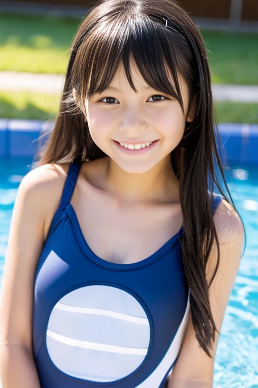 Japanese high school、School Swimsuit、Wet and transparent、smile、Small breasts