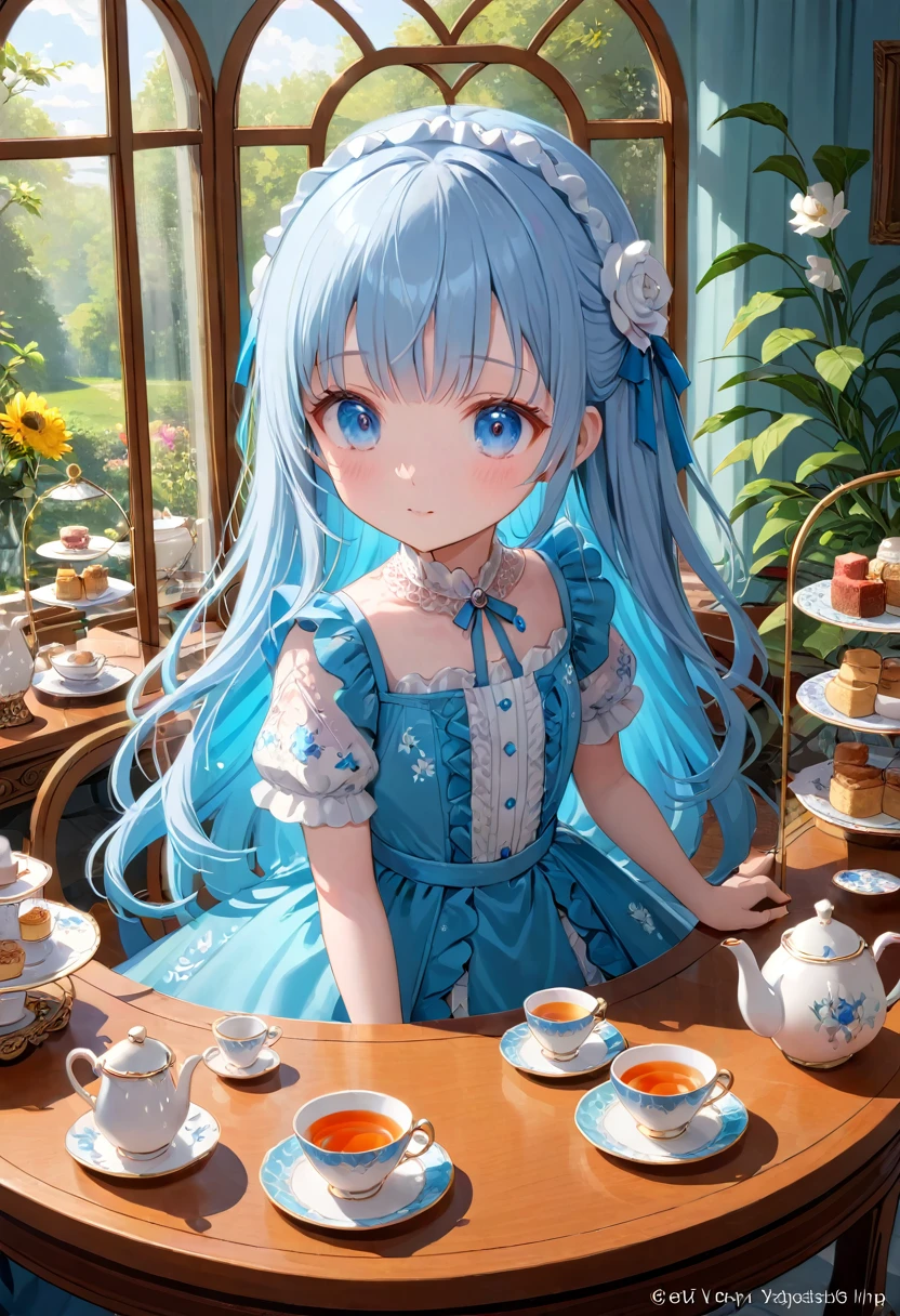 masterpiece, best quality, extremely detailed, (illustration, official art:1.1),adorable face、 1 girl ,(((( light blue long hair)))),pale blue hair,, long hair ((blush)) , cute face, big eyes, masterpiece, best quality,(((((a very delicate and beautiful girl))))),Amazing,beautiful detailed eyes,blunt bangs((((little delicate girl)))),tareme(true beautiful:1.2), sense of depth,dynamic angle,,,, affectionate smile, (true beautiful:1.2),,(tiny 1girl model:1.2),)flat chest、absurdres , highres, ultra detailed, (girls in diorama:1.4), dollhouse view, miniature, BREAK, maximalism, victorian glass house, victorian dress, floral print, tea party, BREAK, (((Tea party)))
