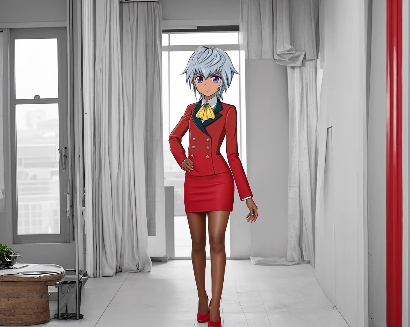 Skinny Black business woman in a matching skirt suit red skirt 
