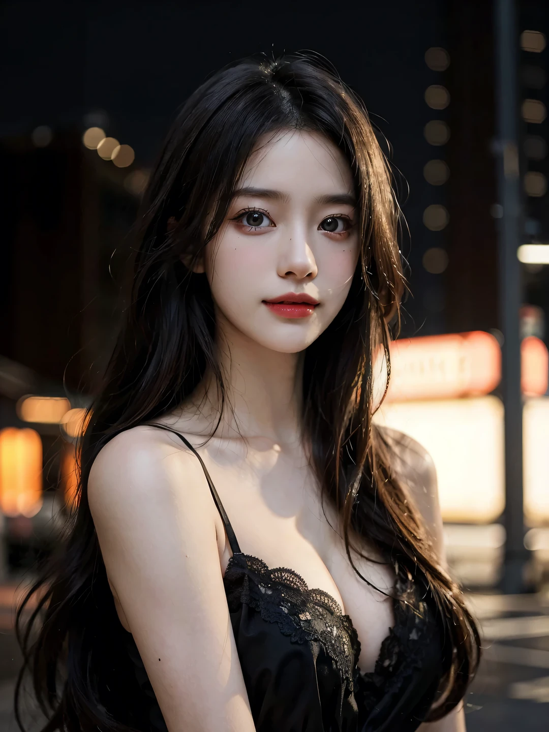 1girl, (looking at viewer:1.2), detail face, (a girl standing, rending on cgsociety, black shadows, streaming, new york backdrop), romanticism, atmospheric, (RAW photo, best quality), (realistic, photo-realistic:1.3), masterpiece, an extremely delicate and beautiful, extremely detailed, D cup,Cleavage,Translucent tube top1.5,Exquisite eye details,Charming smile 1.5