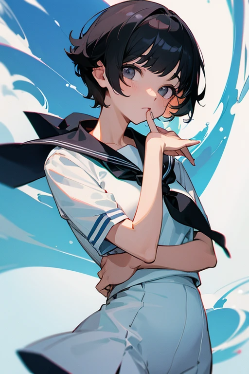 first round,Sailor suit,Black short hair