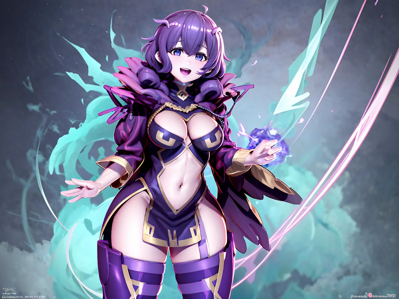 masterpiece, best quality, ultra-detailed, morgan, harrieroutfit, smiling, solo, 8k resolution, gorgeous, hourglass figure, close-up, absurdres, cowboy shot, hazel eyes, happy, 2legs, thick thighs, wide hips, huge breasts, electricity covering body, lightning, surrounded by electricity, powering up