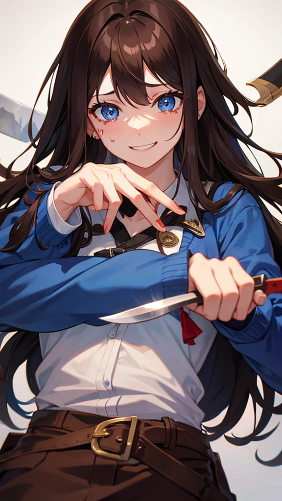 Adult, long brown hair with bangs, blue eyes, knife, bloody, manic smile, crying, yandere