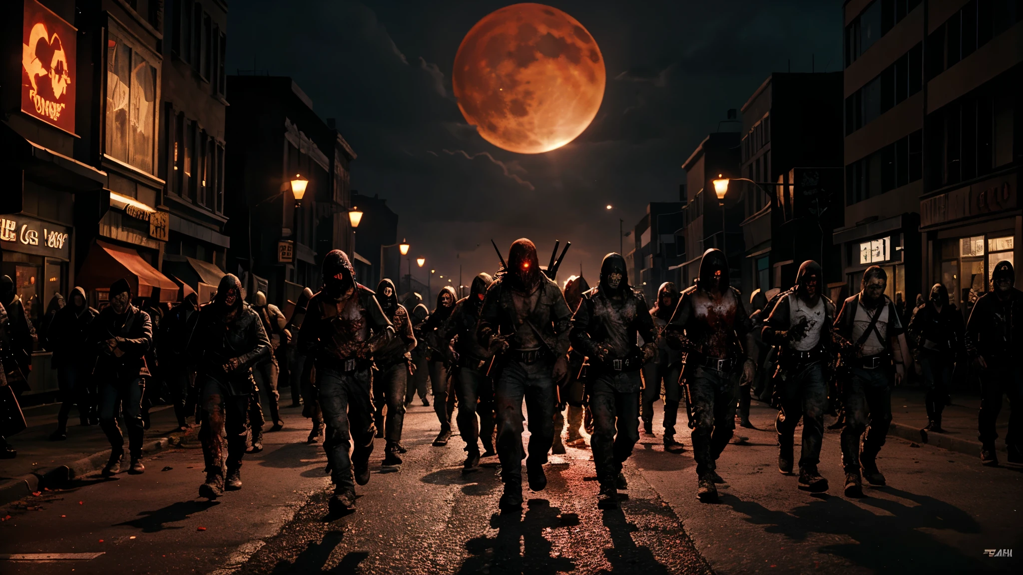 horde of zombies, walking on the street, Red moon in the sky, widescreen image, 4K, realisitic