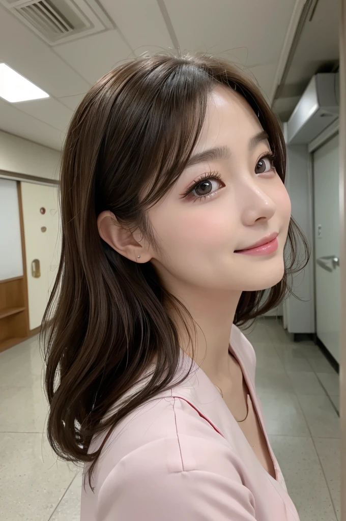 (1 Girl )、(Beautiful Japanese、30years old,round face、Refreshing、clear、seems kind、stylish、Pitiful、cute like an angel、cute、black eyes、(Single eyelid:1.3)、Beautiful skin), {(Japan human face:1.4),(General facial features)} , (((Beautiful breasts:0.4))),(((soft breasts))),(very cute),(updo, hair tendrils,brown hair,),(enchanting eyes),(highlight on eyes:1.2)、(8K、Live shooting、highest quality、masterpiece:1.2、optimal lighting)、((masterpiece)),(Photo taken by a professional photographer),(real、photo real:1.4),BREAK,((taraditional nurse uniform))},(cleavage:0.5)},( smile),(cheeks are red:1.3), break, hospital,Face shot:1.0、 face close-up,,(((1970s vibe)))、Hospital corridor,dynamic angle,,standing,((((side shot))))