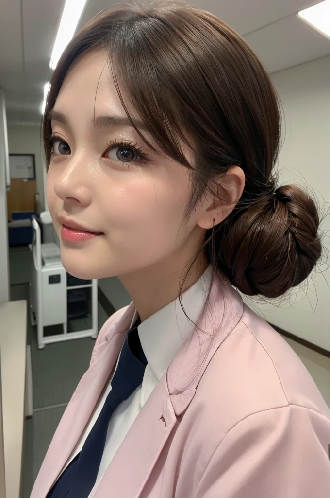 (1 Girl )、(Beautiful Japanese、30years old,round face、Refreshing、clear、seems kind、stylish、Pitiful、cute like an angel、cute、black eyes、(Single eyelid:1.3)、Beautiful skin), {(Japan human face:1.4),(General facial features)} , (((Beautiful breasts:0.4))),(((soft breasts))),(very cute),(updo, hair tendrils,brown hair,),(enchanting eyes),(highlight on eyes:1.2)、(8K、Live shooting、highest quality、masterpiece:1.2、optimal lighting)、((masterpiece)),(Photo taken by a professional photographer),(real、photo real:1.4),BREAK,((taraditional nurse uniform))},(cleavage:0.5)},( smile),(cheeks are red:1.3), break, hospital,Face shot:1.0、 face close-up,,(((1970s vibe)))、Hospital corridor,dynamic angle,,standing,((((side shot))))