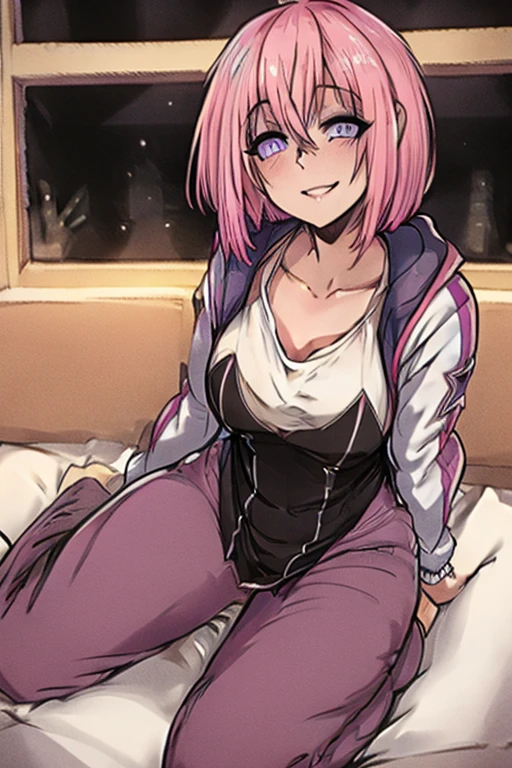 Perfect face, Perfect hands. A pink haired woman with violet eyes and an hourglass figure in a sweatshirt dress is laying in bed with a smile. 