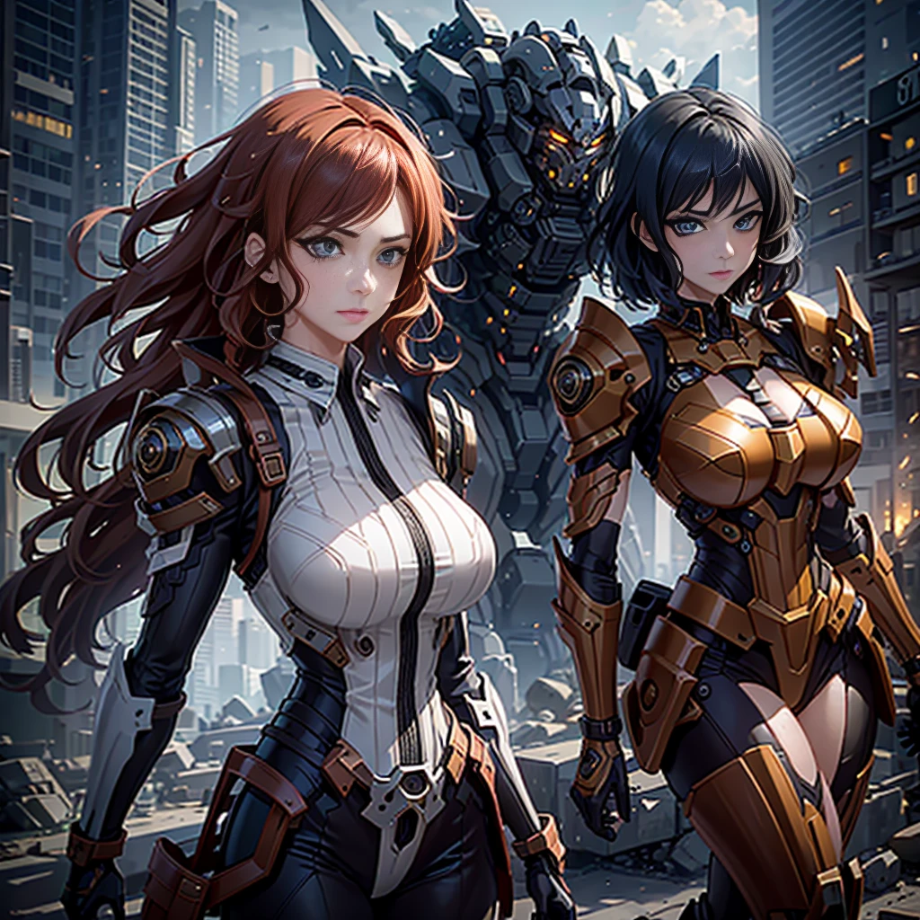 (Explicit content warning), Stunning lady, Ember-colored eyes, (Blushing her cheeks), Fine grained texture, Cinematic presentation, Masterfully painted by Greg Rutkowski, in the style of Yoji Shinkawa: 0.6. Luxurious Curl Waves, Sculpted physique, Donning intricate Victorian-era battle armor (((Extremely powerful))), Masterpiece of quality, Hyper-detailed, Ruined cityscape as the backdrop ((Grounded reality)), Shadow play, Contrasting tones, Grey overcast sky, and a captivating perspective that invites the viewer in: 1.2 (Breath-t
