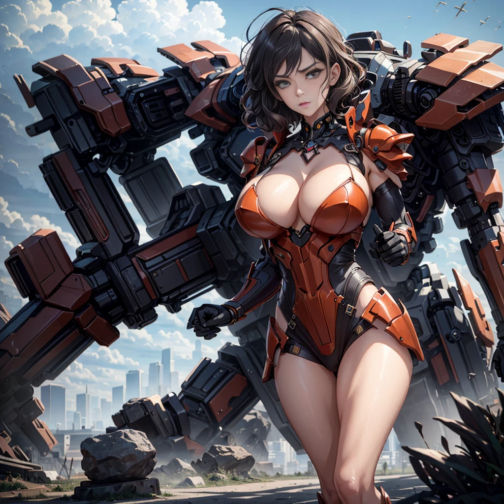 (Explicit content warning), Stunning lady, Ember-colored eyes, (Blushing her cheeks), Fine grained texture, Cinematic presentation, Masterfully painted by Greg Rutkowski, in the style of Yoji Shinkawa: 0.6. Luxurious Curl Waves, Sculpted physique, Donning intricate Victorian-era battle armor (((Extremely powerful))), Masterpiece of quality, Hyper-detailed, Ruined cityscape as the backdrop ((Grounded reality)), Shadow play, Contrasting tones, Grey overcast sky, and a captivating perspective that invites the viewer in: 1.2 (Breath-t