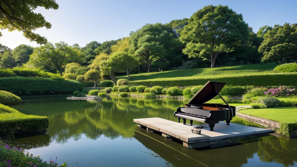 Shinkai Seikaze illustration、A grand piano in front of a large pond