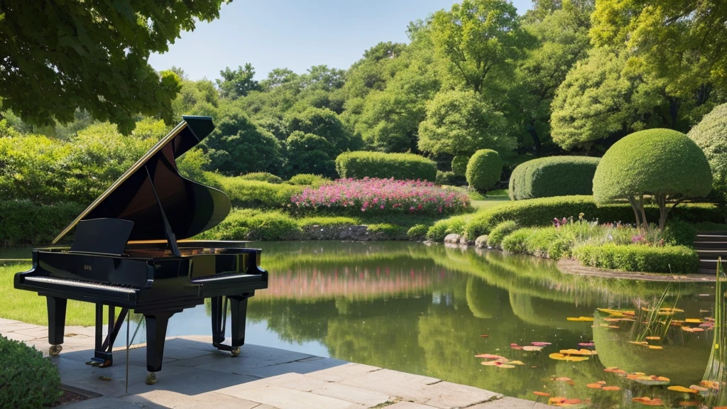 Shinkai Seikaze illustration、A grand piano in front of a large pond