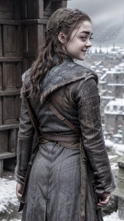 8k, Maisie Williams face, beautiful face, game of thrones character model, smiling, pale white skin, toned abs, small breast, round ass, tight ass, tight asshole, tight pussy, virgin pussy, her round ass visible, tied long brown hair, Maisie Williams as Arya Stark, torn ragged peasant dress, standing stance, winterfell city in background, snowing, back View, sharp focus on her ass