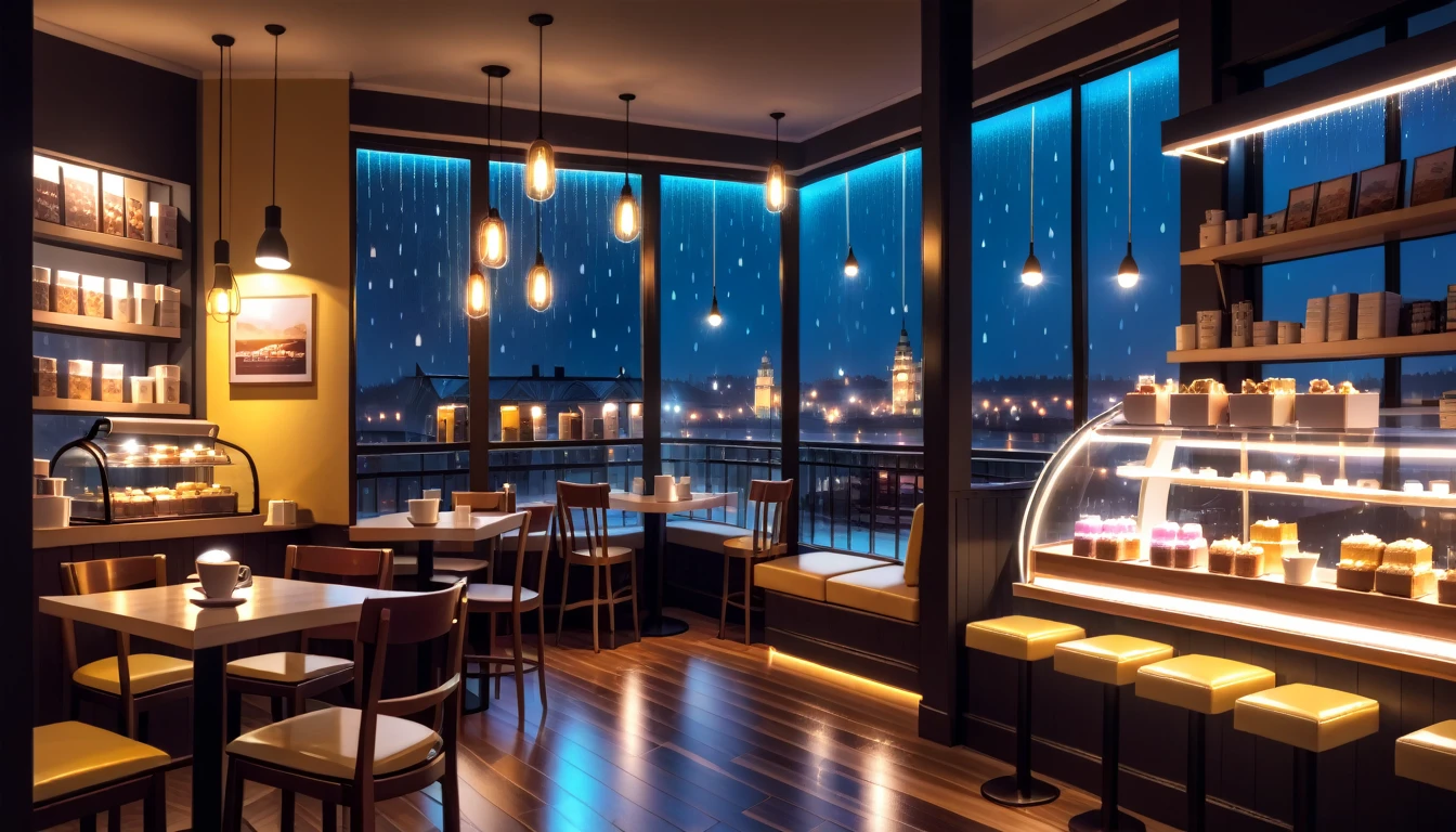 a cozy night time at a coffe interior with cozy lighting and sweets in the shelves. There are coffee cups in the tables. There is a big window in the middle of the coffeeshop and the outside view is a city at night raining
