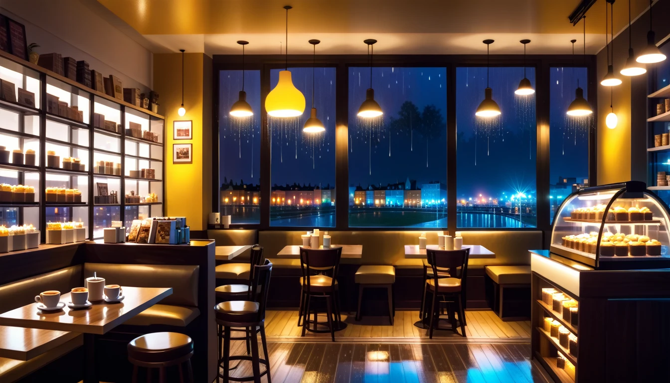 a cozy night time at a coffe interior with cozy lighting and sweets in the shelves. There are coffee cups in the tables. There is a big window in the middle of the coffeeshop and the outside view is a city at night raining