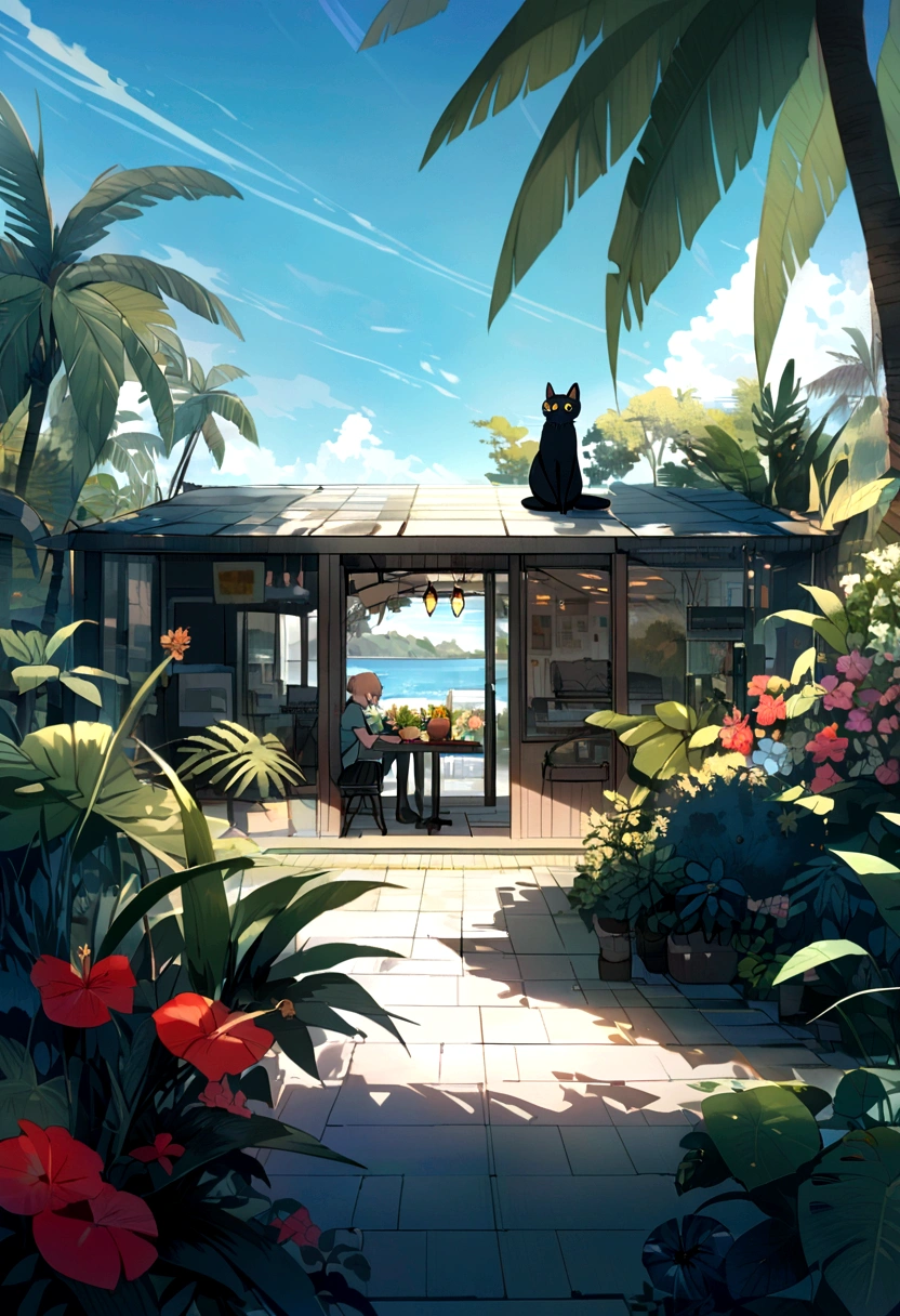 black cat with long tail,  I eat breakfast, Tropical Garden, Distant home. blue sky,Like in Makoto Shinkai&#39;s movies、