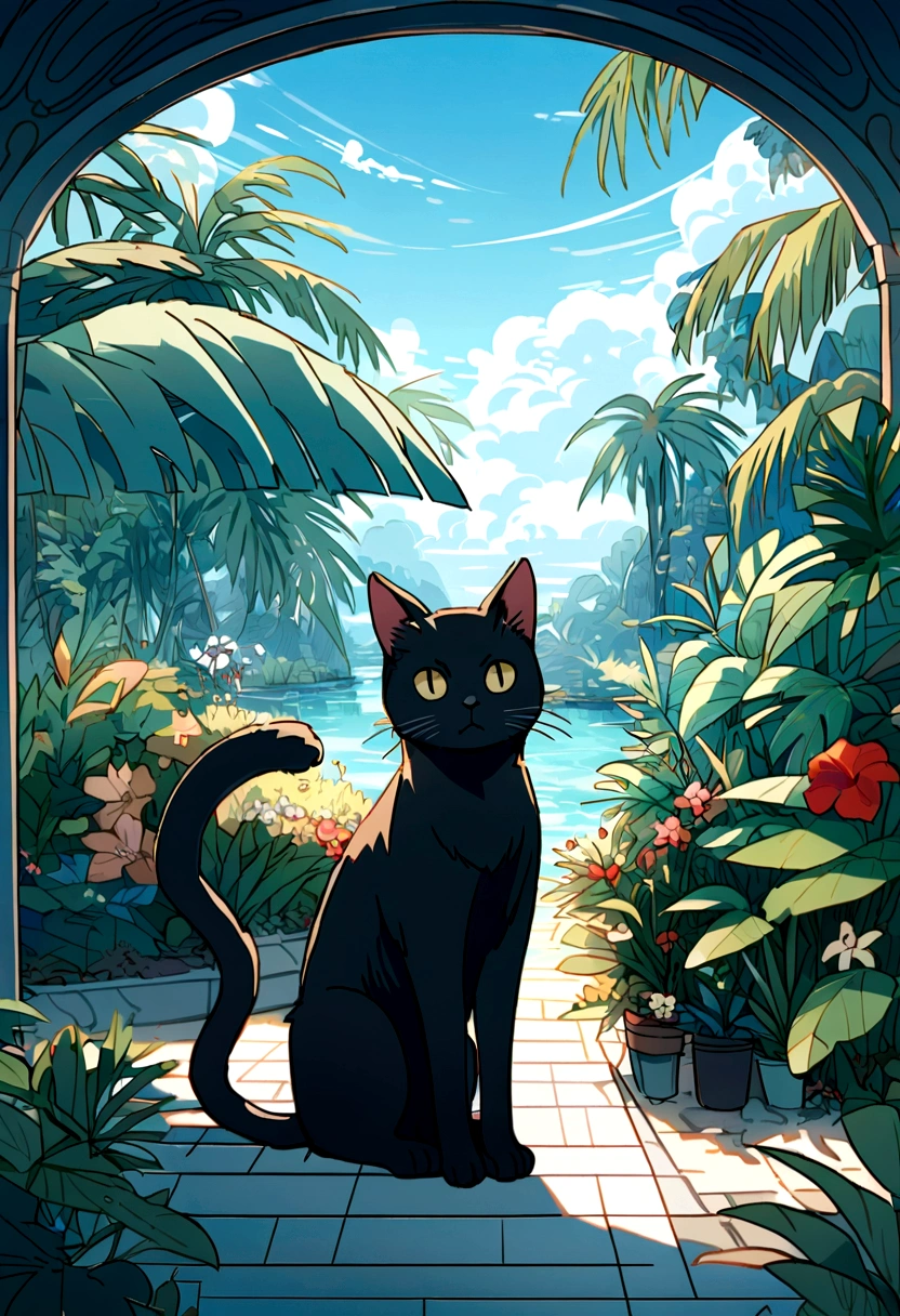 black cat with long tail,  I eat breakfast, Tropical Garden, Distant home. blue sky,Like in Makoto Shinkai&#39;s movies、