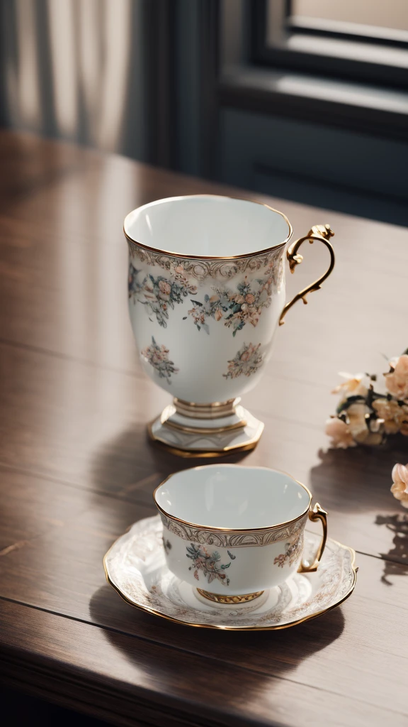 a beautifully detailed porcelain cup, lipstick traces on the rim, soft natural lighting, delicate shadows, subtle textures, elegant composition, cinematic mood, muted color palette, photorealistic, 8k, high quality, intricate details, masterpiece
