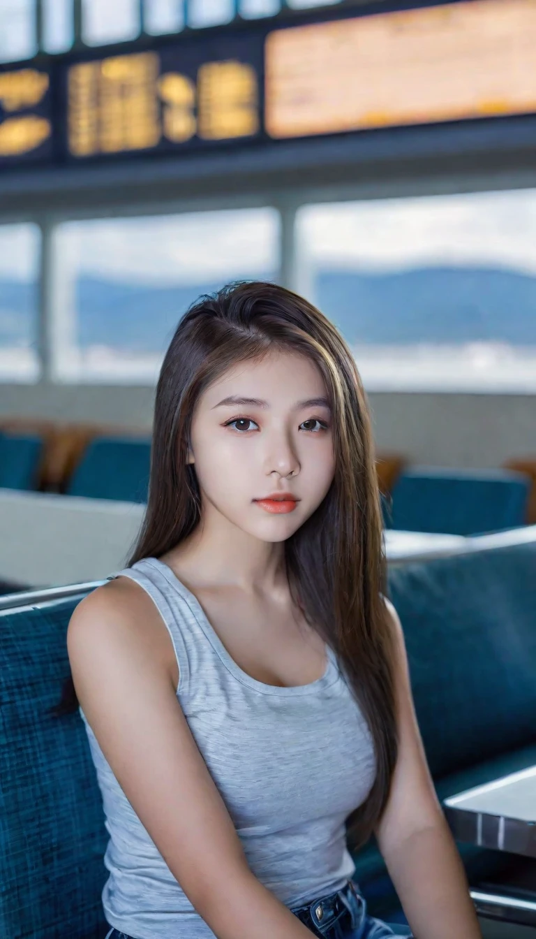 close-up of -old beauul girl, straight hair, huge breasts size, wearing fitting tank top, sitting in terminal lounge, bokeh background, UHD