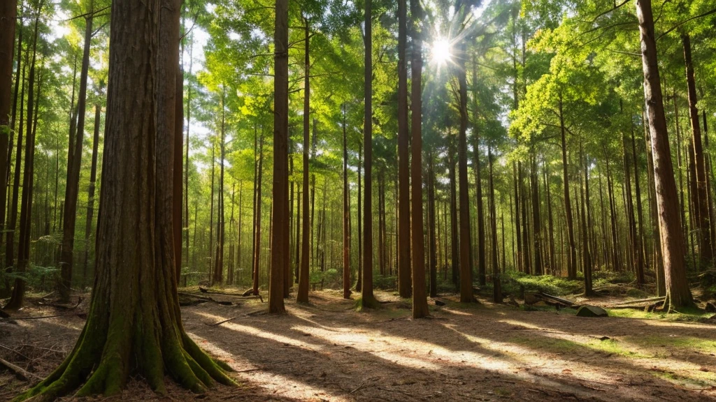 Primary forest,Large hardwood,wood々Sunlight shining through,Mossy stone.大wood1本