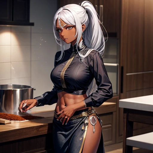 Silver hair ponytail, A dark-skinned woman in a black dress shirt and slim jeans is making beef stew。.　Showing your belly button　