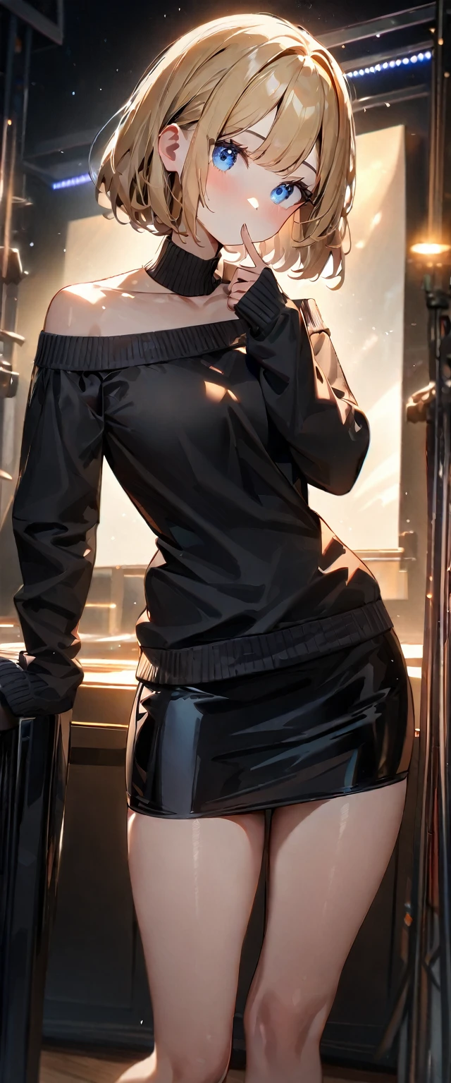 (((One girl))), blond hair, bob cut, (cowboy shot), (looking at viewer), ((black sweater:1.3、Quite thick shoulder straps、sleeves past wrists)), off-shoulder, open collar, oversized, face in focus, teenager, head tilt:1.3, (((blue eye))), ((happy smile)), ((blush)), contrapposto, one hand on hip, black panties, anime style, (best quality, 4k, 8k, highres, masterpiece:1.2, ultra-detailed, ultra-detailed eyes, HDR, UHD, studio lighting, ultra-fine painting, sharp focus, physically-based rendering, extreme detail description, professional, vivid colors, bokeh)