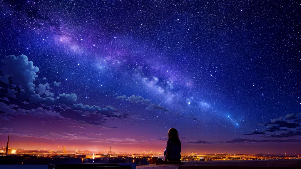 octans, sky, star (sky), scenery, starry sky, night, 1girl, night sky, solo, outdoors, building, cloud, milky way, sitting, tree, long hair, city, silhouette, cityscape