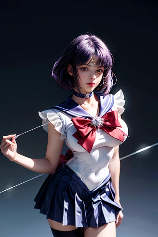 (Ultra-realistic,32k, masterpiece:1.2),(Skin with attention to detail:1.1),( high quality:1.1),
Sailor Saturn,despair,Purple Hair, tiara, Sailor Warrior Uniforms, Purple sailor color, Pleated skirt, Elbow hand pockets, jewelry, brooch, choker, Blank Background Blurred Background,, Huge breasts,big breasts,(View your viewers, Portraiture:1.1), (Bioluminescent:1.1),