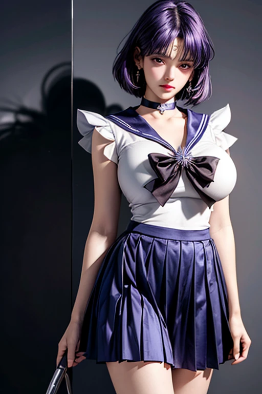 (Ultra-realistic,32k, masterpiece:1.2),(Skin with attention to detail:1.1),( high quality:1.1),
Sailor Saturn,sad,Purple Hair, tiara, Sailor Warrior Uniforms, Purple sailor color, Pleated skirt, Elbow hand pockets, jewelry, brooch, choker, Blank Background Blurred Background,, Huge breasts,big breasts,(View your viewers, Stand from below:1.1), (refraction:1.1),