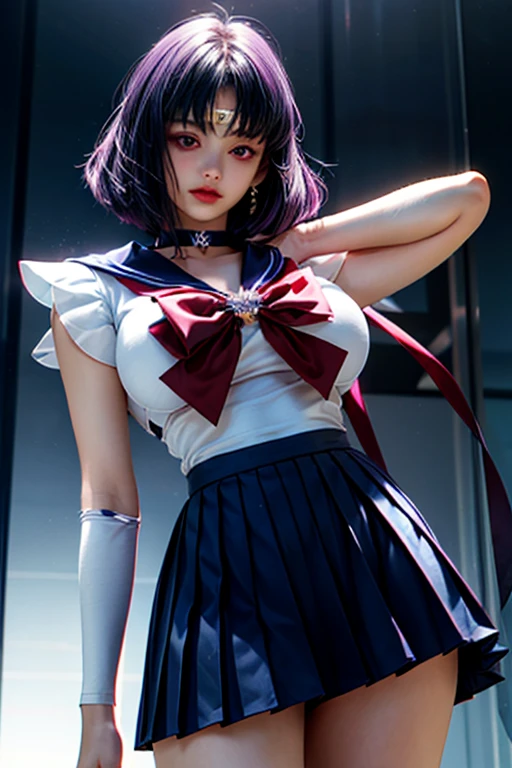 (Ultra-realistic,32k, masterpiece:1.2),(Skin with attention to detail:1.1),( high quality:1.1),
Sailor Saturn,sad,Purple Hair, tiara, Sailor Warrior Uniforms, Purple sailor color, Pleated skirt, Elbow hand pockets, jewelry, brooch, choker, Blank Background Blurred Background,, Huge breasts,big breasts,(View your viewers, Stand from below:1.1), (refraction:1.1),