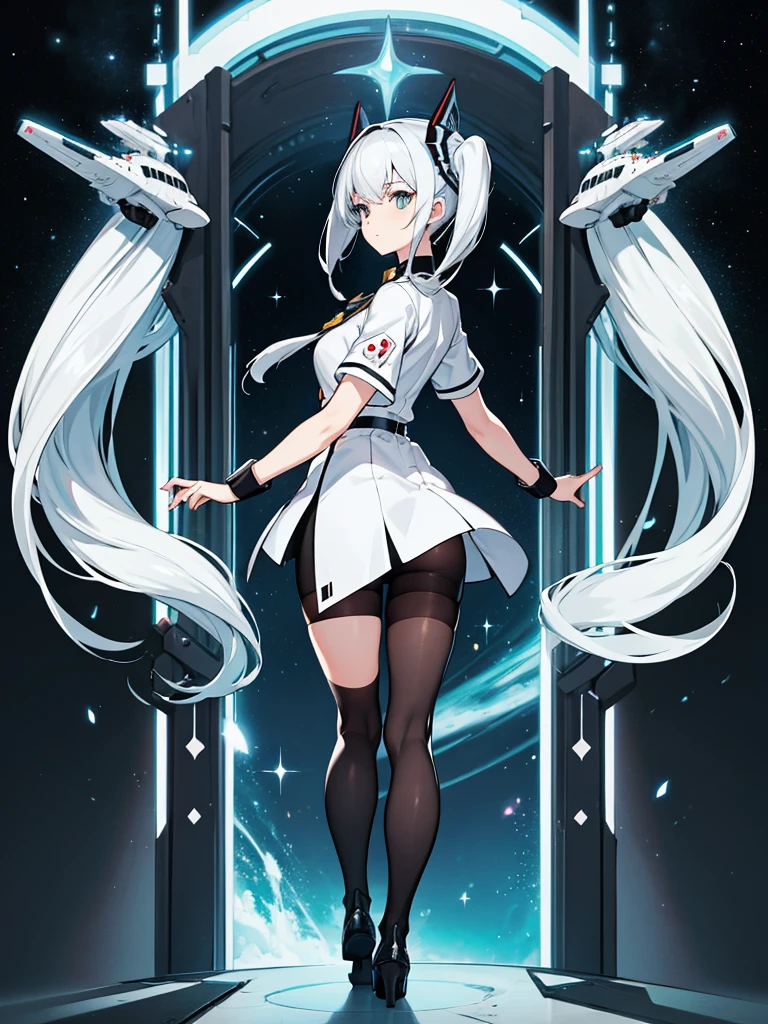 White capellets、Black high neck shirt、Black Pencil Skirt、black tights, Space Battleship Corridor、full body、looking back, from above、clear face, silver hair, twintails, anime, tachi-e, masterpiece, best quality, 4K