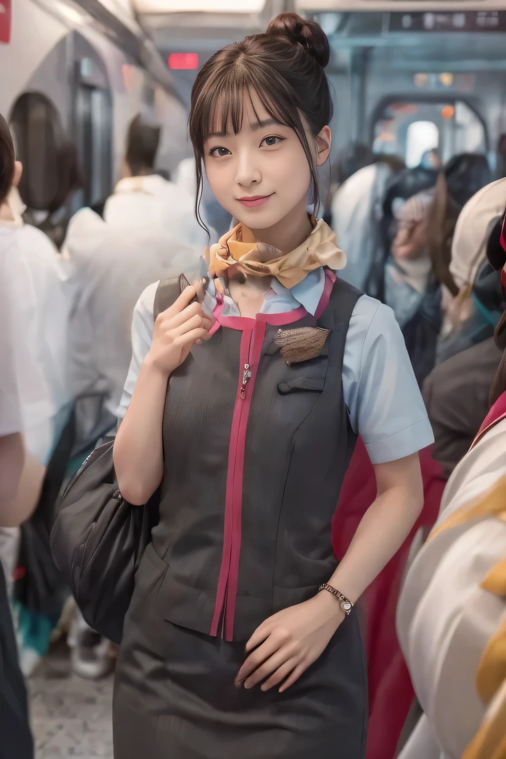 (masterpiece:1.2, Highest quality:1.2), 32k HDR, High resolution, (alone、One girl)、(Ride the bullet train、Professional Lighting)、Background in the car、(Realistic style of JR Gran Class crew uniform)、Short sleeve blouse、a scarf around the neck、(JR Gran Class flight attendant uniform with pink parts on the skirt sleeves)、(The uniform of a flight attendant in JR Gran Class has a pink line on the front zipper of the vest.)、Dark brown hair、(Hair tied up、Hair Bun、Hair Bun)、Dark brown hair、Long Shot、Big Breasts、((Great hands:2.0)),((Harmonious body proportions:1.5)),((Normal limbs:2.0)),((Normal finger:2.0)),((Delicate eyes:2.0)),((Normal eyes:2.0)))、Luxury Necklace、smile、Beautiful standing posture,