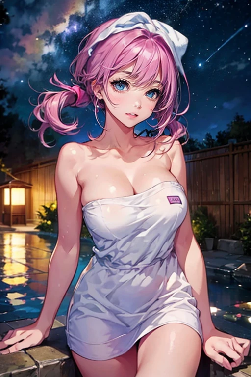 1girl,solo,cute,blush,bigbreast,cleavage,beautiful sky,night,star,bath,open-air bath,wearing a towel