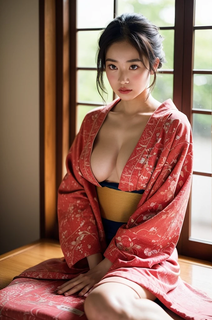 (8K、RAW Photography、top-quality、​masterpiece:1.2)、(realisitic、Photorealsitic:1.37)、女の子1人、japanes、23years old、femele、during daytime、(Realistic, Photorealistic: 1.37), (Face Focus: 1.1), Cute face, ,sexy body,Slender eyes,dark brown hair、long hair bob cut、详细的脸、Detailed lips、detailedeyes、More skin、二重まぶた, large full breasts, garments（red kimono with transparent lace）, Kindness, ( stand with legs spread apart, thighs thighs thighs thighs:1.2), Tiny micro bikini（red）, Movie Lighting,hot onsen、shot from a low-angle