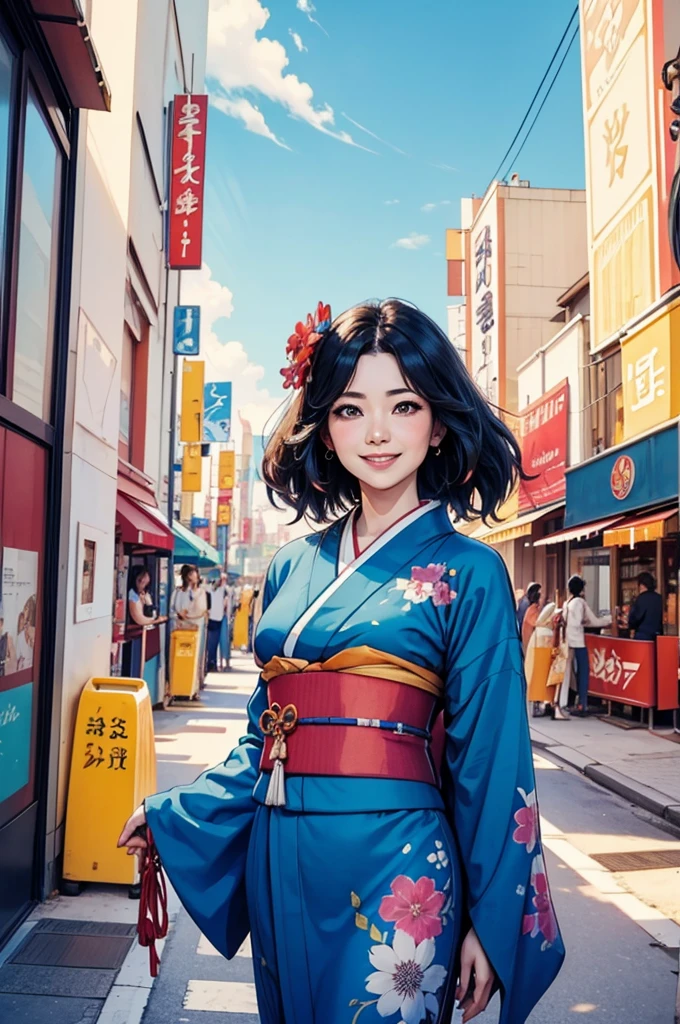 A beautiful smiling woman in a kimono greets people with a cheerful "Good morning" as her arms open under the blue sky