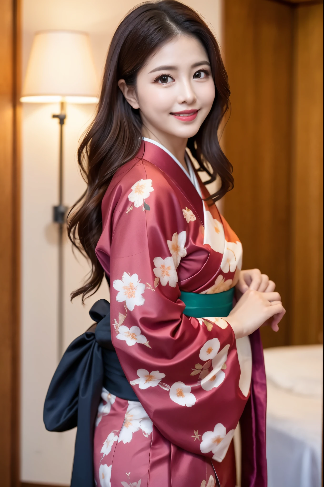 Face :9,1449314384], ulzzang-6500-v1.1, (RAW Photos:1.2), (Photorealistic), Beautiful Mature Woman VN01, Beautiful details, (Genuine: 1.4), Very detailedな目と顔, Beautiful and fine details,  (Japanese Kimono、Elegant Japanese pattern kimono、Komono)、Esbian all over、 (A very loving smile:1.2)、Large file size, High resolution, Very detailed, Highest quality, [masterpiece:1.6], Awareness-raising, Very detailed, Hmph, In detail, Highest quality, 8k wallpaper, Cinema Lighting, One mature woman, 37 years old, Perfect figure, Cute droopy eyes、Beautiful big eyes、((I keep my hair up and short))、 ((masterpiece)), Highest quality, One mature woman, eye shadow, Upper Body, Portraiture, ((Full Body Shot:1.23))、
