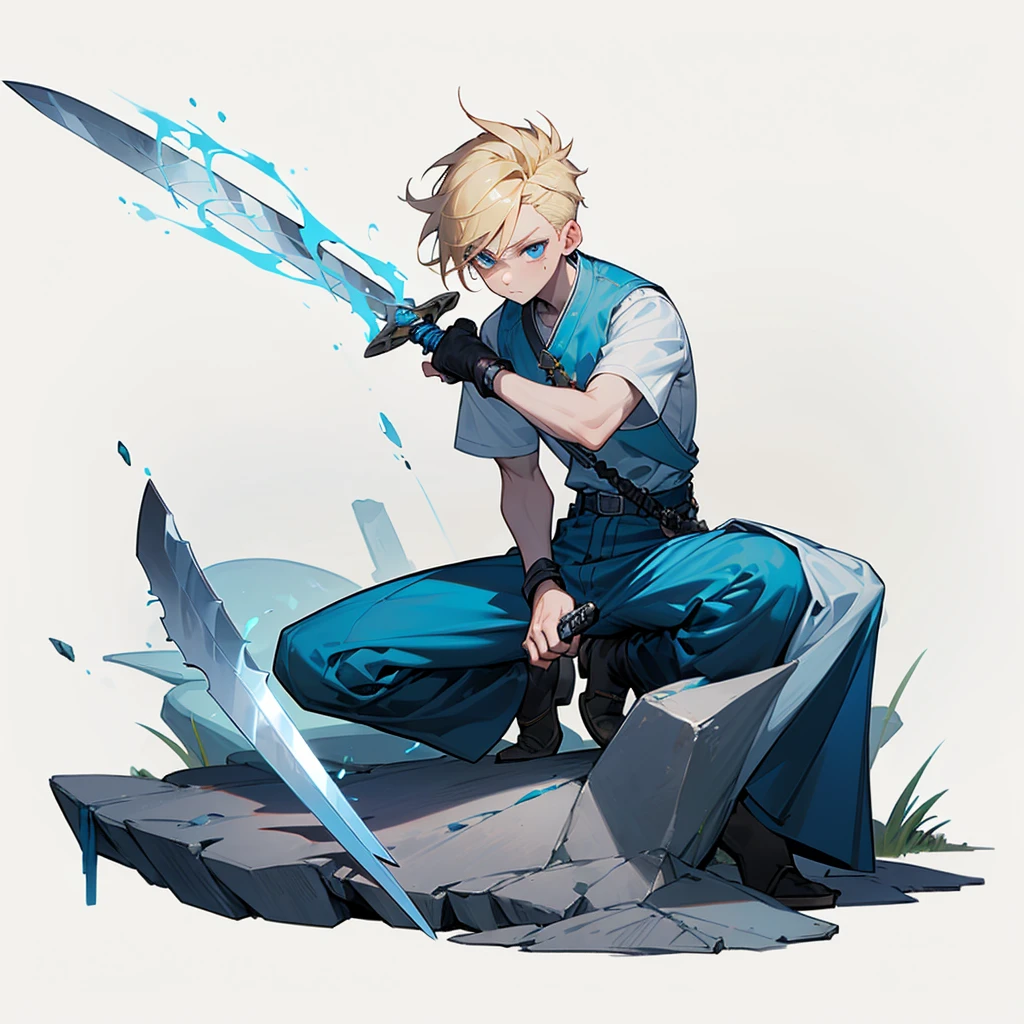 1character, Full body version, Viking boys, boys, albino skins, blue eyes, faux hawk hair, blonde colour hair, blue short sleeve shirt, blue trousers, ((long sword in hand, the pose is cutting a large rock into two)), Grassroots