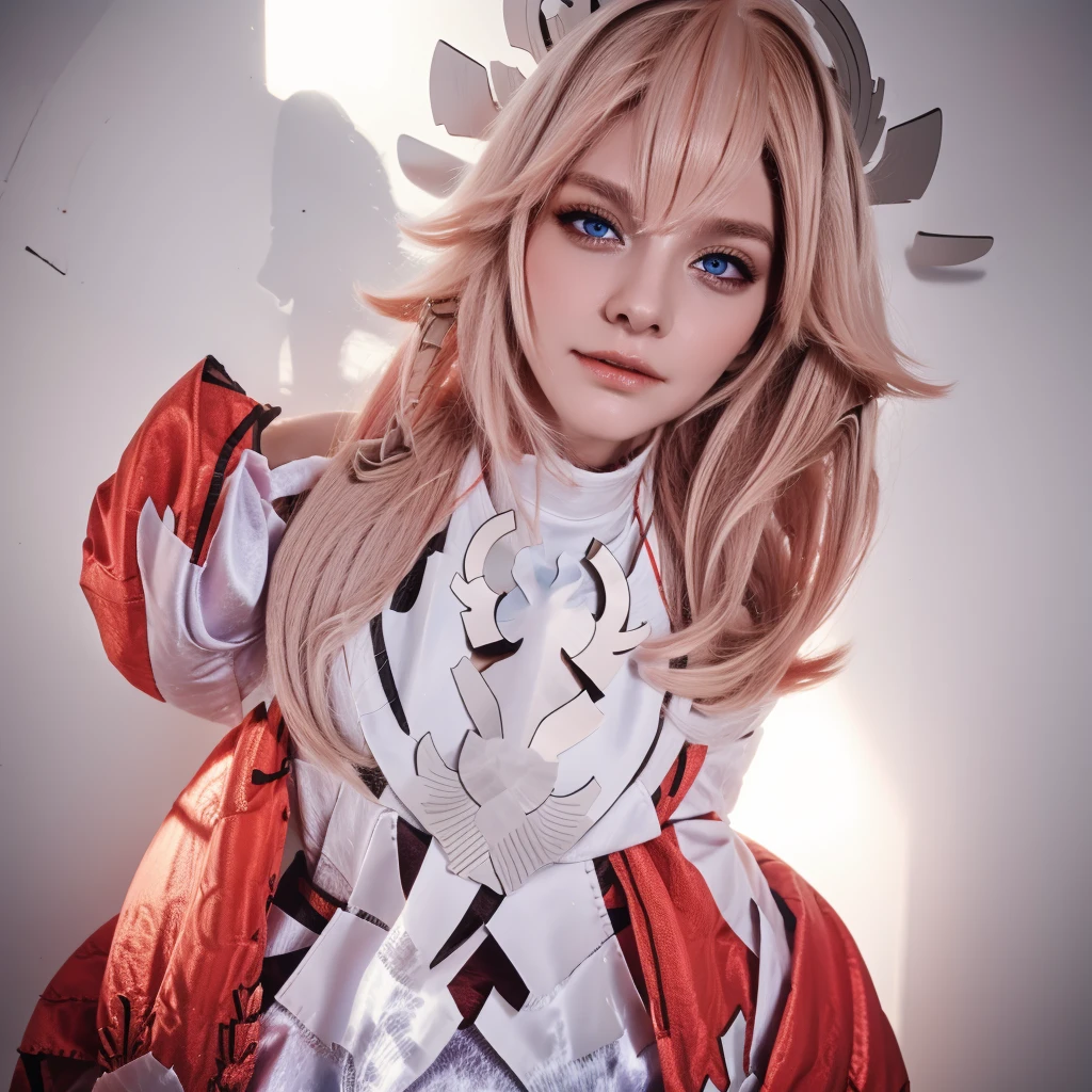 A woman with blonde hair, blue eyes, and white skin wearing cool and shiny Paladin Outfit.
