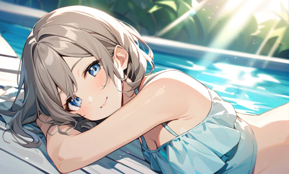 Yo Watanabe is lying on a deck chair by the pool and relaxing in a swimsuit. A refreshing wind from the pool blows through around her, and the sunlight gently illuminates her skin. Her expression looks calm and happy, and she is lying comfortably.