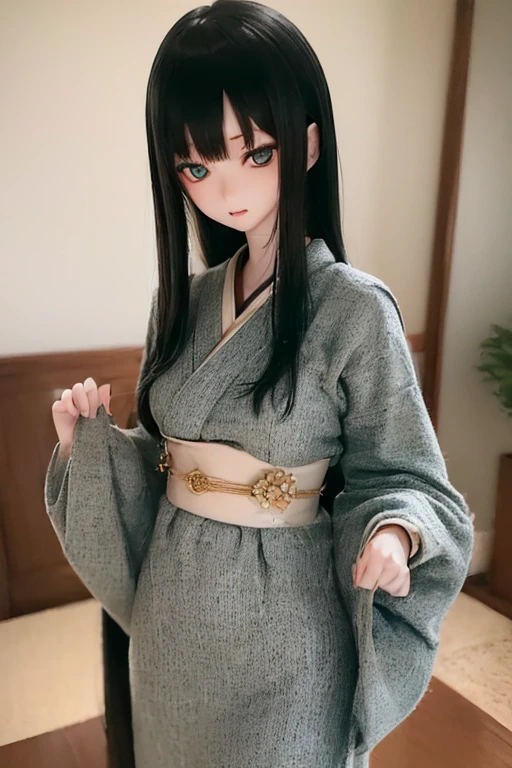 (SFW:2), photorealistic, realistic photo, ((highest quality)), ((masterpiece)), ((extremely detailed)), kukolnydom, doll, (mature woman, 24yo, 24 years old:1.6), solo, ((cowboy shot, seiza, skinny, slender, slim, kimono, obi, hair ornament)), green eyes, parted lips, (black hair, long hair, looking at another, blank eyes, empty eyes, detailed eyes, detailed clothes:1.3), Japanese room, 8k