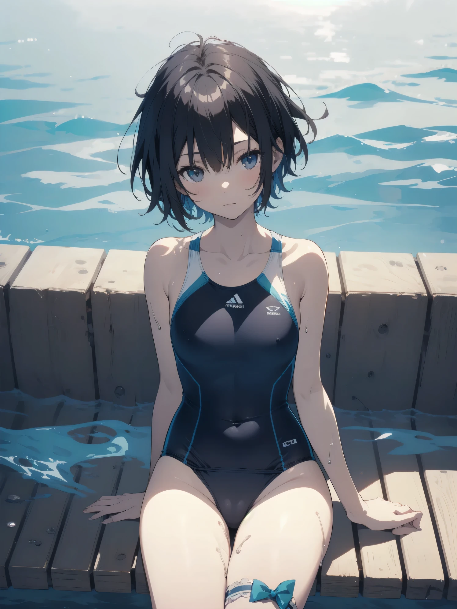 ultra-Top-quality by art God, ultra-detailed, high resolution, shinkai makoto style, anime moe artstyle, best anime 8k konachan wallpaper, pixiv contest winner, perfect anatomy, break,(Please draw a picture of a girl in a swimsuit sitting sleepily on a bench by the poolside alone.),break, a hyperrealistic school girl, (Solo,ta, kid, 13-year-old:1.3),Full limbs, complete fingers, androgynous charm, (very short hair), wet hair, small breasts,slender body, Small butt, groin, Small black eyes,hanme,beautiful detailed eyes, well-proportioned iris and pupils, sleepy eyes, highres detailed hair, swimsuit, wet swimsuit, bare shoulders, thighs, in the school pool. break,super detailed skin, shiny skin, Best lighting powered by famous artist, 8k, illustration,UHD, textured skin,break,((artist:toosaka_asagi )), artist:clamp ,artist:carnelian ,artist:kantoku ,