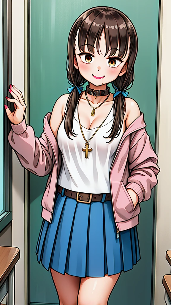 One girl, classroom, Cowboy Shot, smile, 
yuzuki_maple, Brown eyes, Brown Hair, Long Hair, , Seraphim, White shirt, Blue Skirt, Pleated skirt, Highest quality, masterpiece, High resolution, （Black knee-length socks:1.4）Micro mini skirt twin tails, Hair Ribbon, collar, Chain Necklaces, Expose your shoulders, Cleavage, Off the shoulder, Pink jacket, Open jacket, abdomen, belt, Black Skirt, alley, inquiry, Talk to your audience、 Are standing with mouth closed、View your viewers,, tattoo, High heels, but, belly button, smile, Purple Lipstick、saliva, black micro mini skirt、 tattoo、（濃いPurple Lipstick、Purple lips）Leather long boots、Highlight the face、